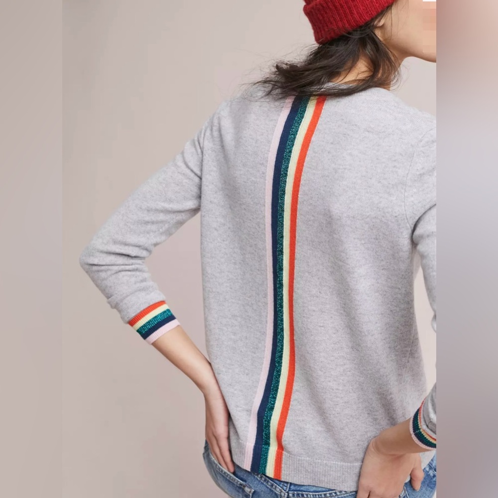 Anthropologie Needle Gray Cashmere Rainbow Varsity Striped Sweater